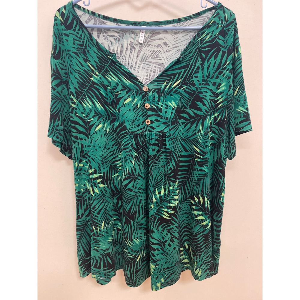 Cathy Tropical Palm Leaf Print Henley Top Green Black Short Sleeve 2XL